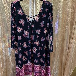 Three Hearts Navy Floral Crisscross V-Neck Dress with Pink Accents